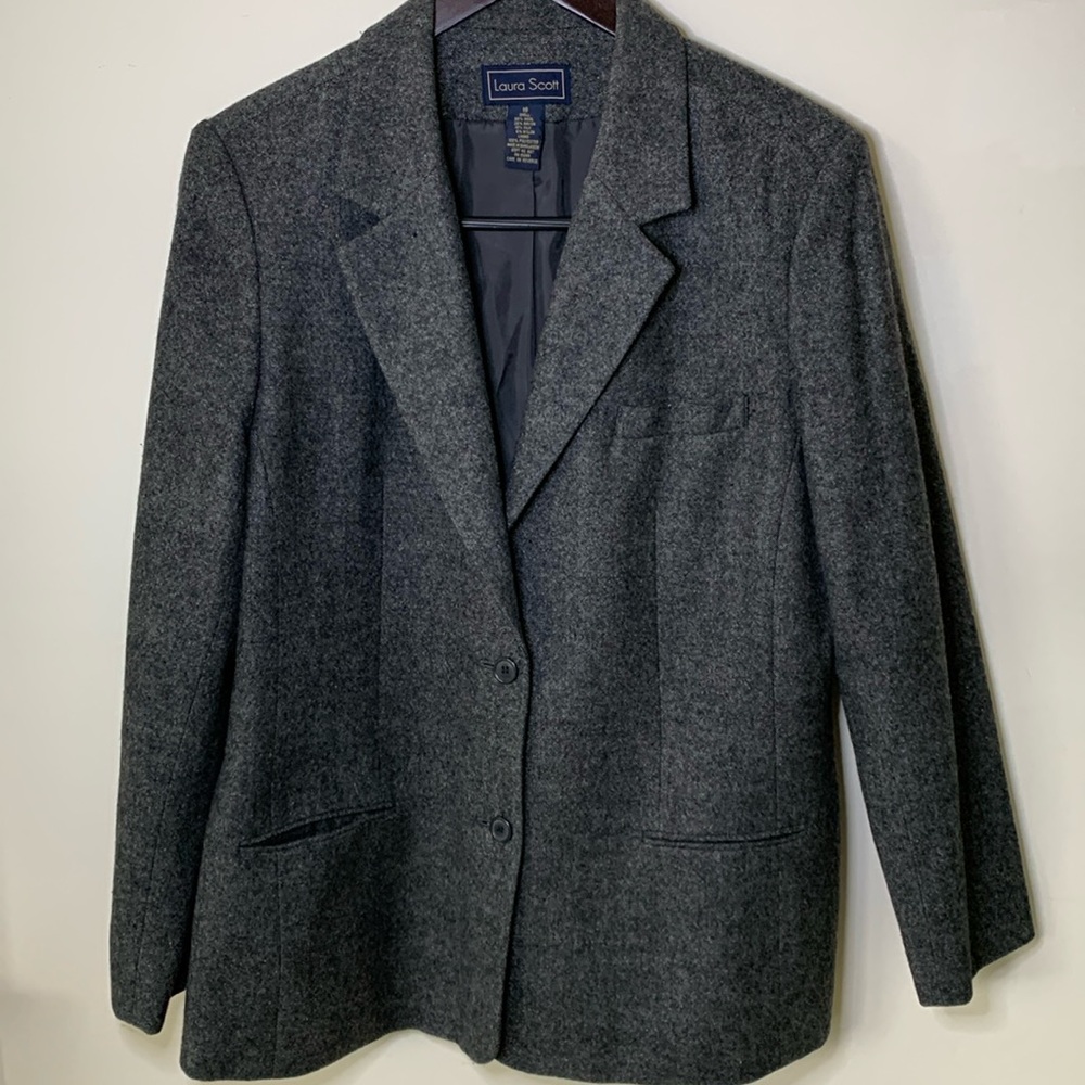 Vintage Laura Scott wool silk blend charcoal Heather gray 2 button front pockets